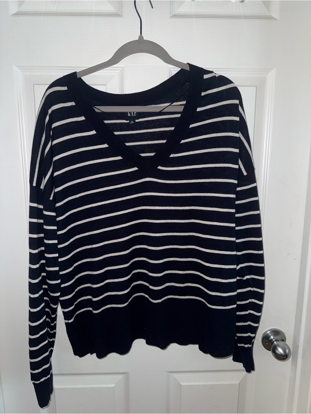 GAP Black and White Striped V-Neck Sweater